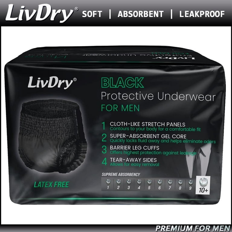 LivDry BLACK Mens Adult Incontinence Underwear, Supreme Comfort