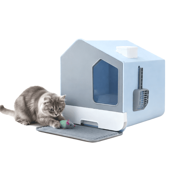 Arenero para gato cerrado en forma casa tamaño mediana de fácil limpieza color Azul con pala Ajolopet