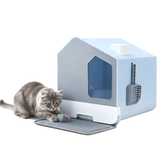 Arenero para gato cerrado en forma casa tamaño mediana de fácil limpieza color Azul con pala Ajolopet