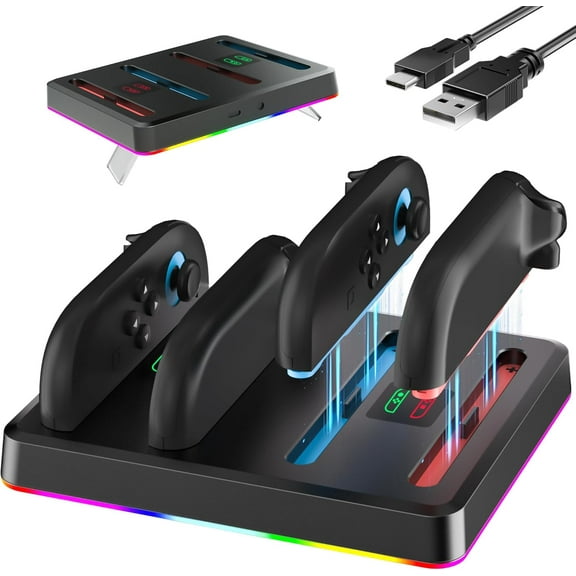 4 in 1 Charging Dock for Switch 2 (2025) Joycon Controller, Magnetic Fast Charger Station with Type-C Cable for Joypads 2, Built-in Sound & RGB Ambient Light Indicator - Lying Flat