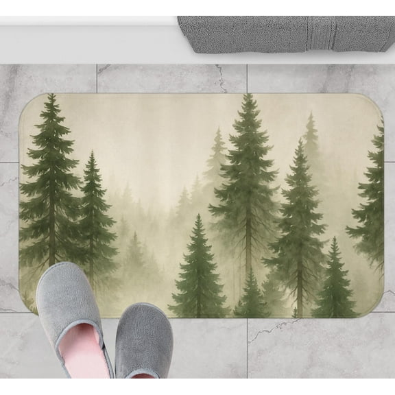 Entryway Rug Doormat Misty Forest Bath Mat, Rustic Cabin Bathroom Rug, Woodland Pine Tree Mat, Nature Decor, Bathroom Accent Gift