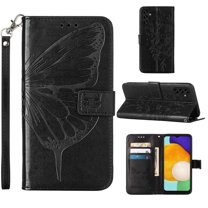 SaniMore Case for Samsung Galaxy A15 (2023), PU Leather Skin with Luxury Embossed Butterfly [Wrist Strap & Card Slots & Flip Kickstand] Full-body Shockproof Business Wallet Cover, Black