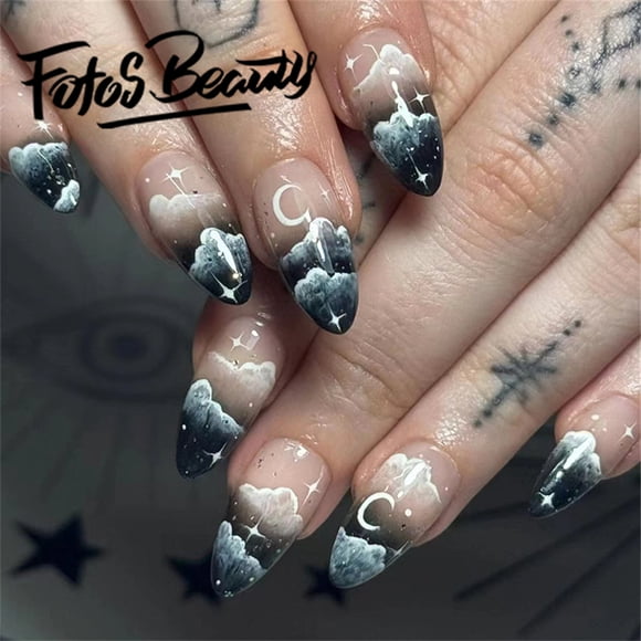 Fofosbeauty 24 pcs Nails, Press-on Acrylic False Nails Full Cover Extension Long Lasting for Girls Womens,Almond French Purple Starry Moon Smudge