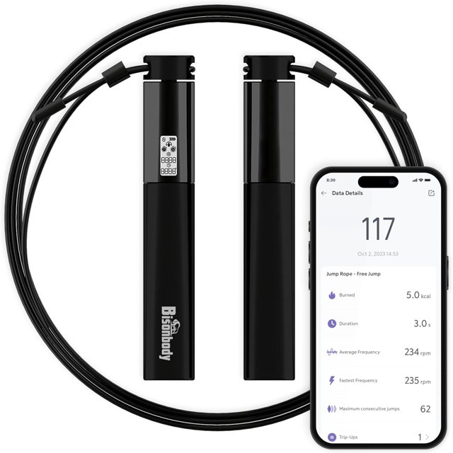Bisonbody Smart Jump Rope Fitness Skipping Rope with App – 2 Function Modes – Classic 3m Rope & Ropeless Shortballs – Bluetooth Skipping Rope with Fitdays+ App for Seamless Progress Tracking