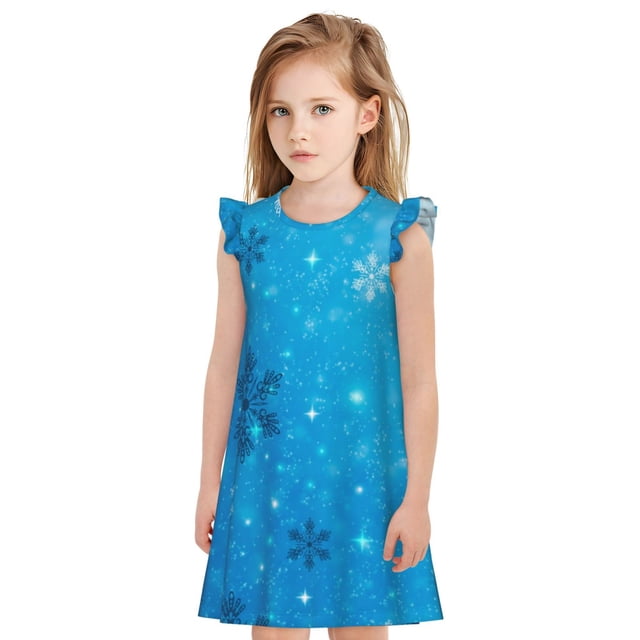 Fotbe Winter With Snowflakes Vestido de Dormir para Niñas de 3 a 10 Años, Mangas Cortas, Estilo Princesa, Pijama Camisón con Mangas Voladas-Large