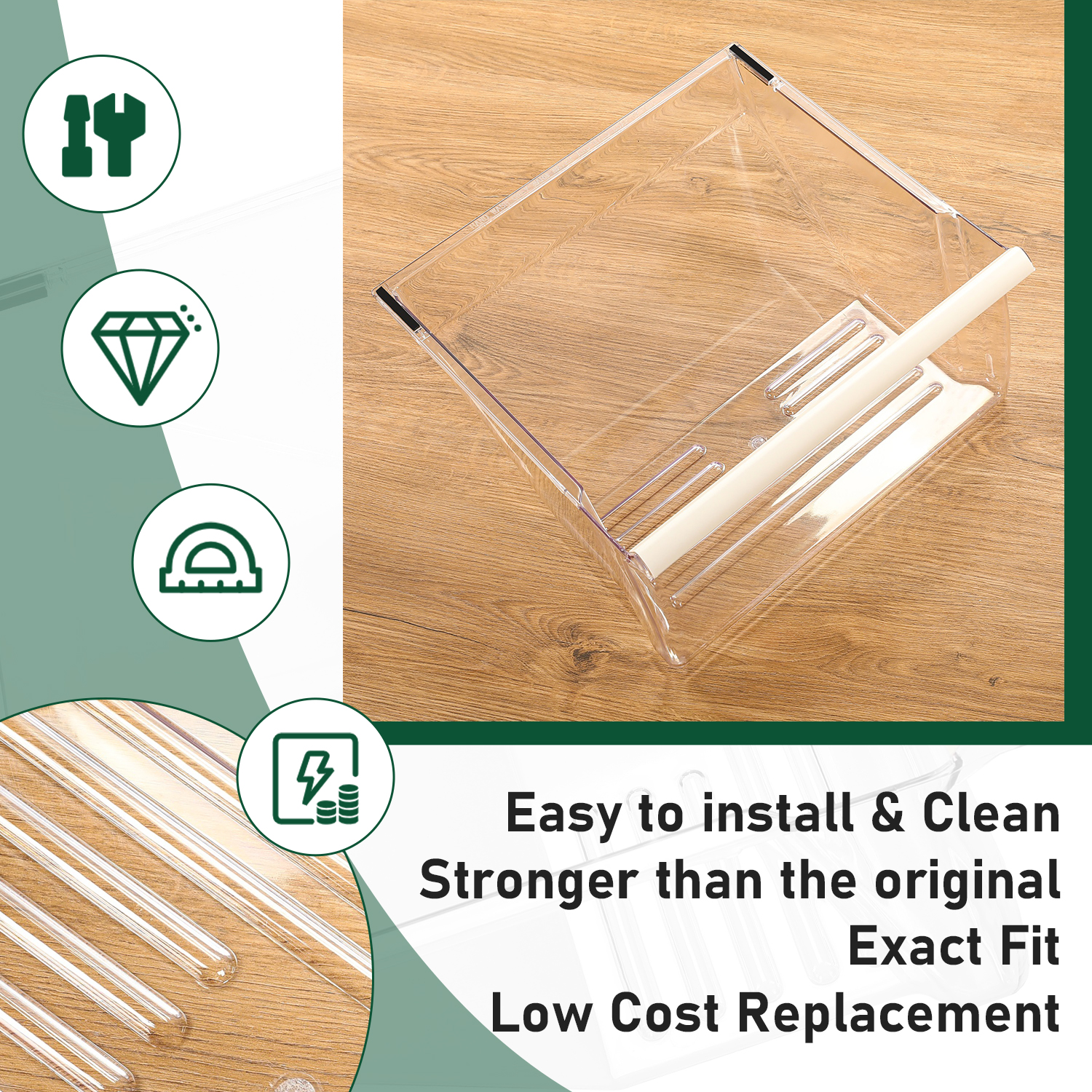 Kojem WP 2188664, Frigidaire Crisper Pan Drawer Bin, Replacement Fit for Whirlpool, Kenmore, Maytag, Refrigerator, Clear Crisper Pan Bottom Drawer