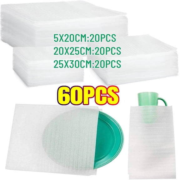 60 Pack Cushion Foam Pouches, 3 sizes Moving Wrap Foam Packing Sheets to protect Mug Cup Glasses Dishes, Packing Supplies for Moving