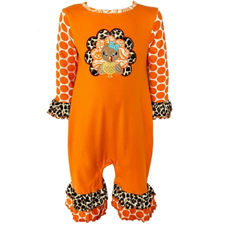 

AnnLoren Baby Girls Orange Turkey Thanksgiving Autumn Holiday Cotton Romper