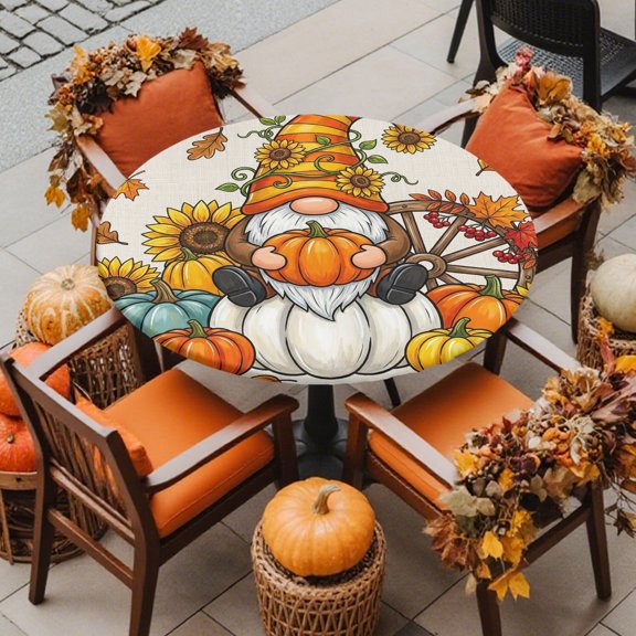 Fitted Round Tablecloths Elastic Edged Table Covers 55"-60",Thanksgiving Pumpkin Dwarf Maple Leaf Sunflower Waterproof Dining Room Table Cloth
