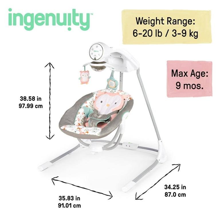 Ingenuity InLighten 5-Speed Baby Swing, Swivel Infant Seat, Nature Sounds,  Lights - Pink, Nally 