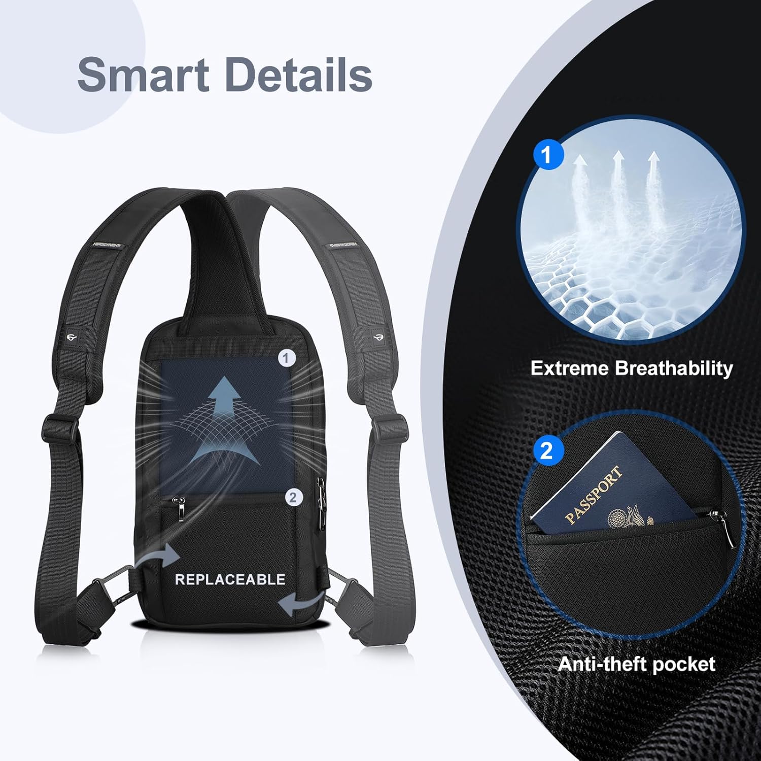 HEROIC KNIGHT Sling Bag for Men Crossbody Backpack for Travel Work College Waterproof Black