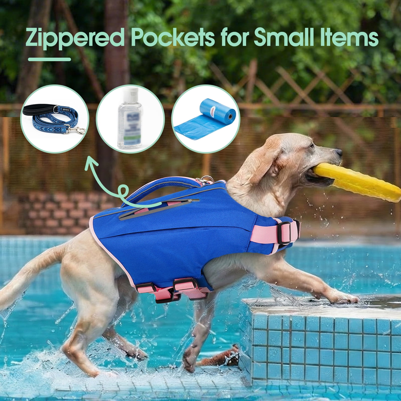 Kuoser Dog Life Jacket, High Flotation Dog Life Vest with Rescue Handle for Swimming Boating, Reflective Pet Safety Life Preserver for Small Medium Large Dogs, Blue, L