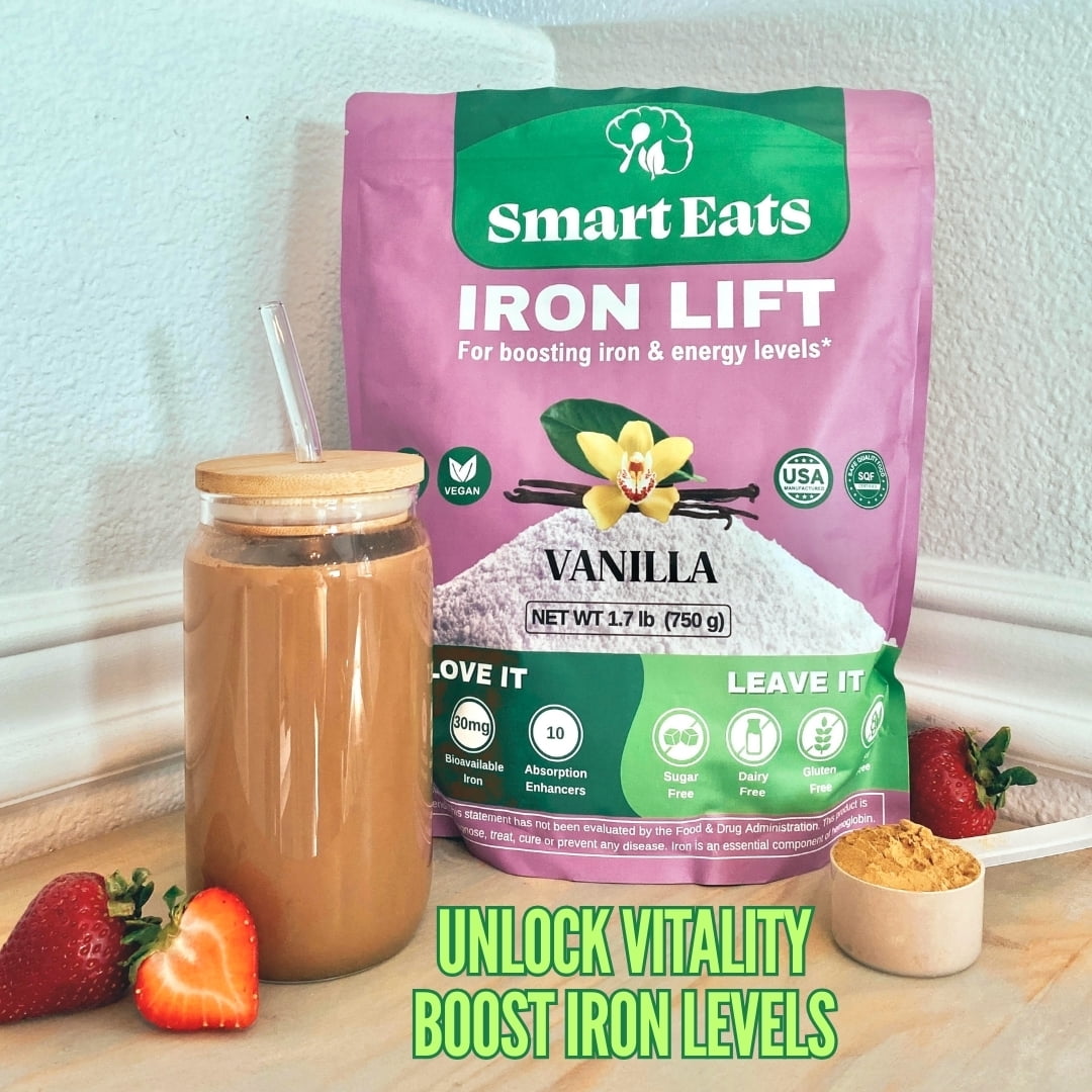 Smart Eats Iron Lift - Powder Iron Supplement - 30mg Gentle Iron, 20g Protein, 6g Fiber - Vitamins - For Anemia - Support Energy, Hair & Gut - Vegan - Vanillla Flavor - 30 Scoops