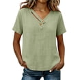 thumbnail image 2 of WHLBF Tank Tops for Women V-Neck Short Sleeve Button Loose Casual Summer Cotton Linen Shirt Tank Green L, 2 of 8