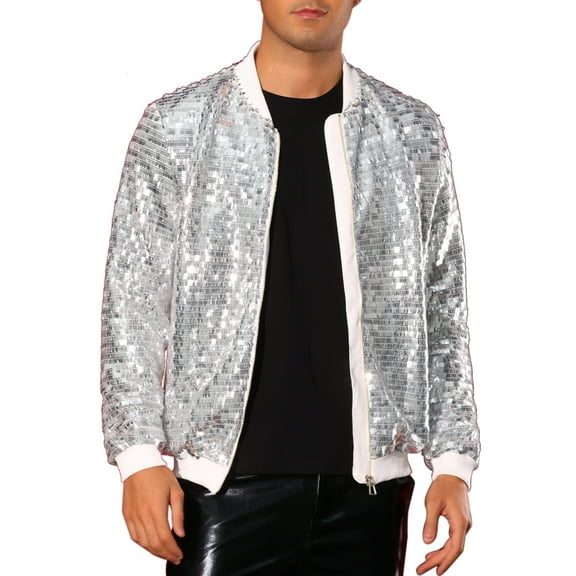INSPIRE CHIC Sequin Varsity Jackets for Men's Zipper Festival Disco Sparkly Shiny Baseball Bomber Jacket S Silver