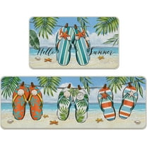 Hello Summer Flip Flops Kitchen Rugs Set of 2, Beach Coastal Tropical Palm Leaves Kitchen Mats Decor, Hawaii Nautical Starfish Conch Floor Door Mat Home Decorations -17x30 and 17x47 Inch
