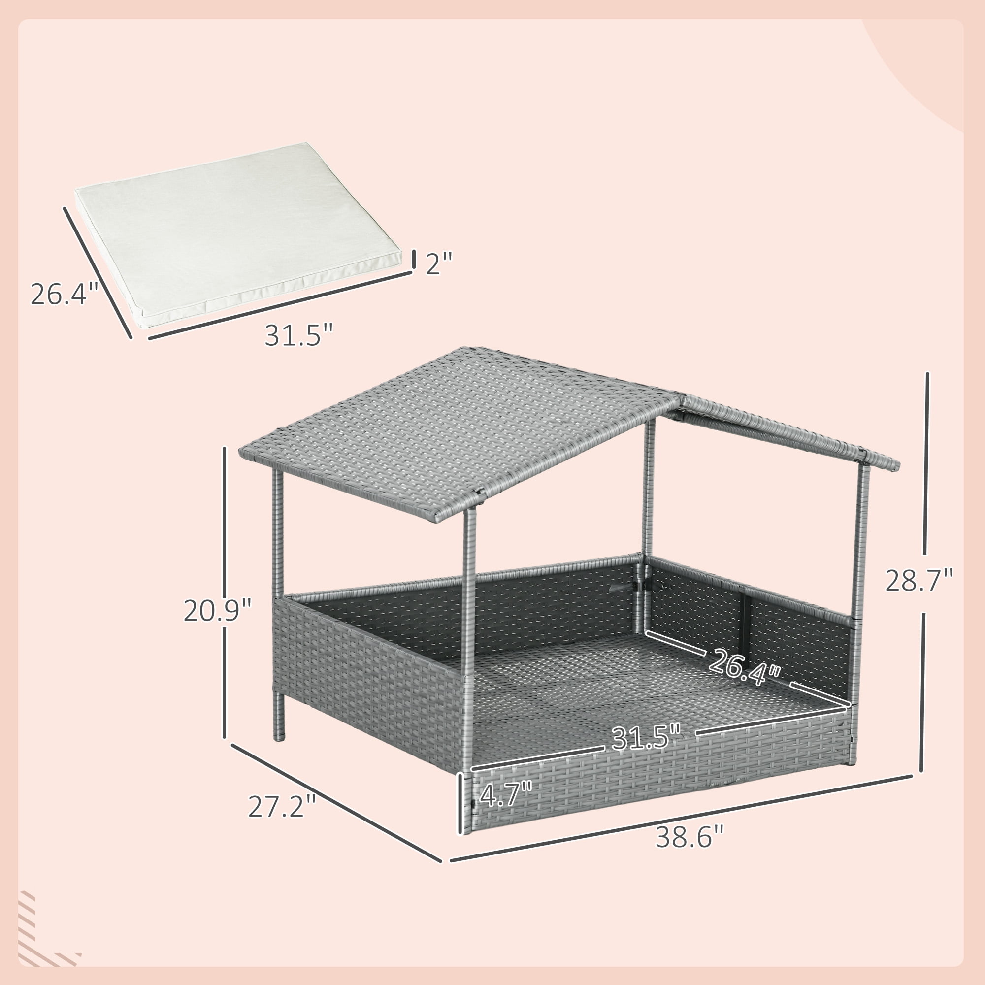 ZephyPaws 2-in-1 Wicker Dog House,Elevated Dog Bed for Indoor/Outdoor with Removable Canopy,Large Dog House with Raised Pet Cot Cool,Breathable,Shade,Waterproof with Non-Slip Feet,Cream White