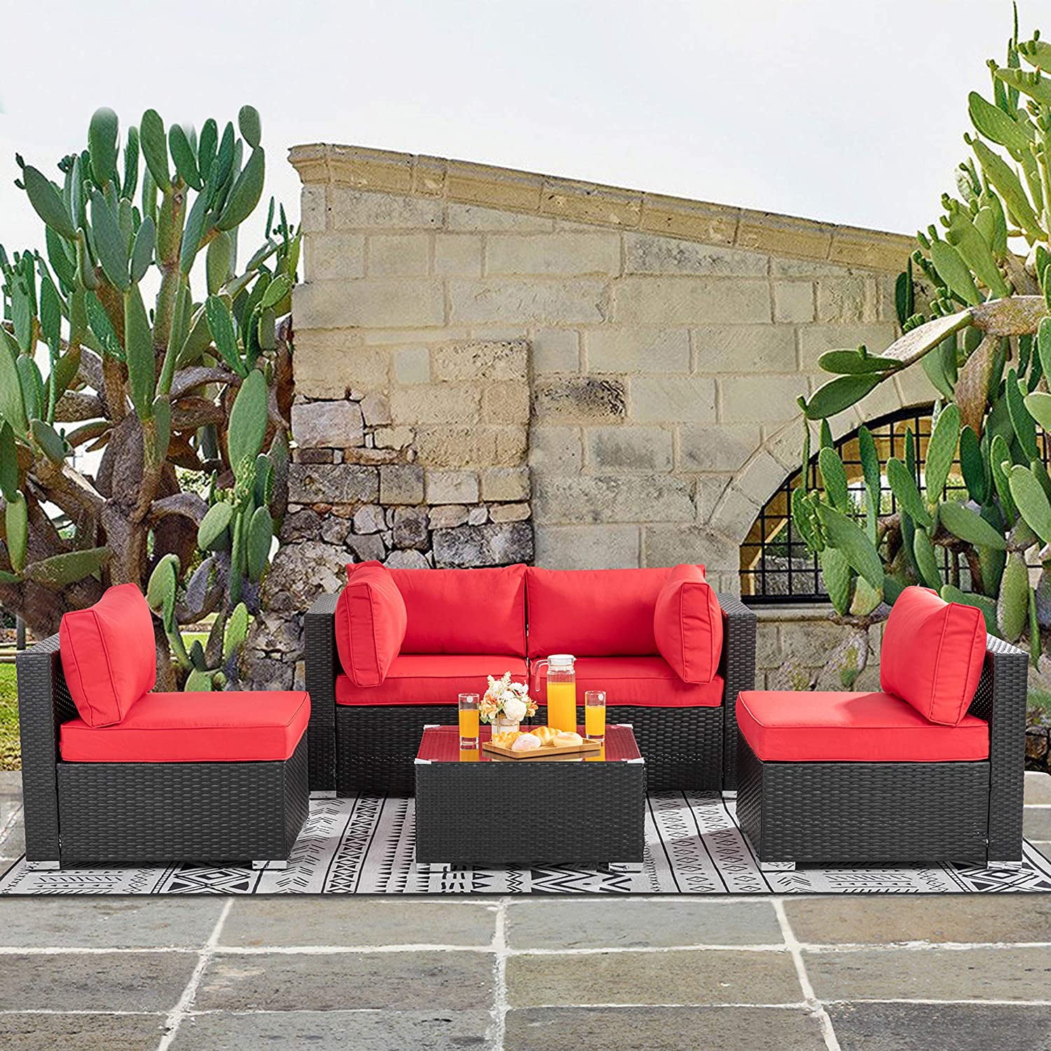 Red Black Rattan Walsunny 5 Pieces Patio Outdoor Furniture Sets,Low Back All-Weather Rattan Sectional Sofa with Tea Table&Washable Couch Cushions 