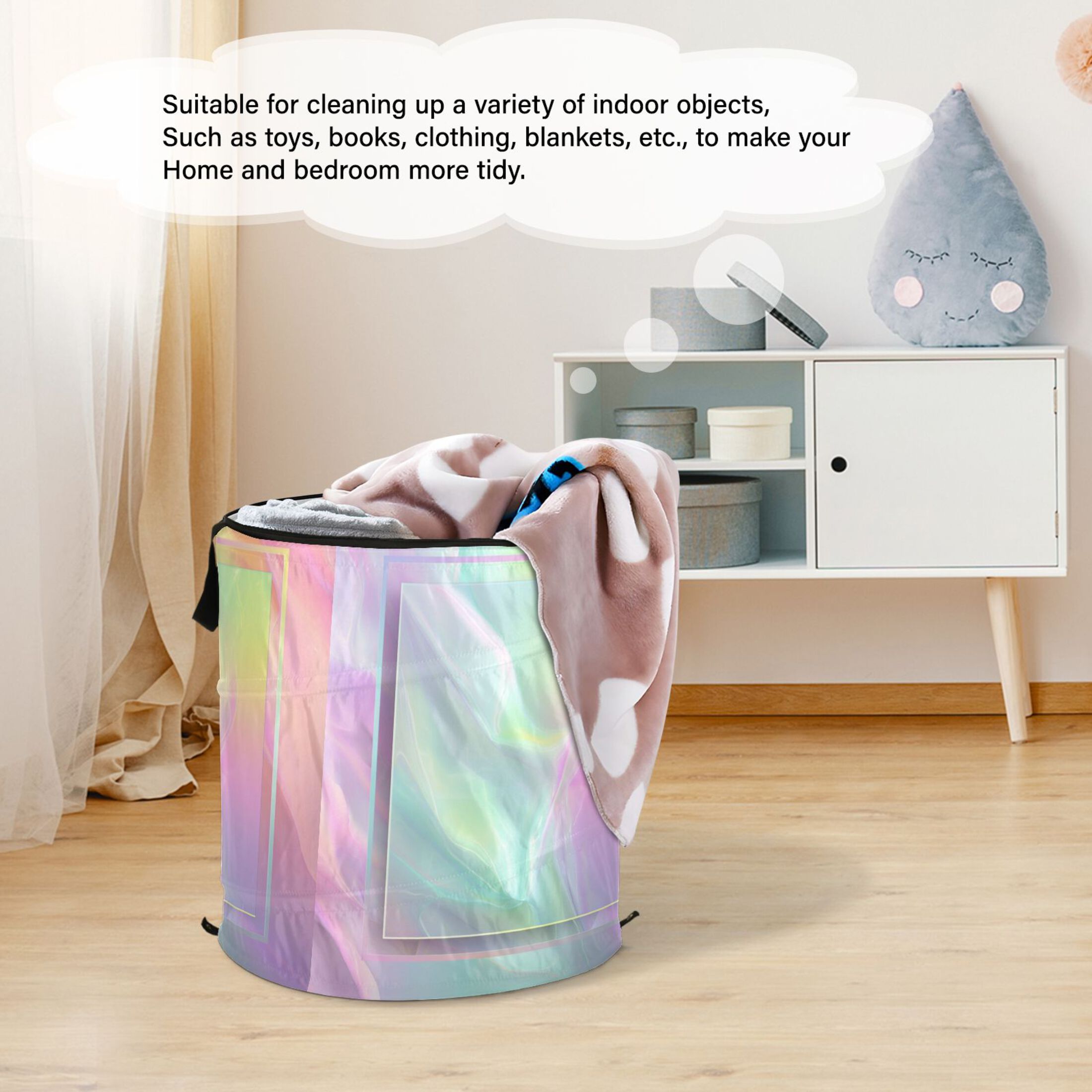 50L Extra Large Popup Hamper Collapsible Laundry Basket With Zippered Lid 15.7x18.5in Holographic Gradient Pastel