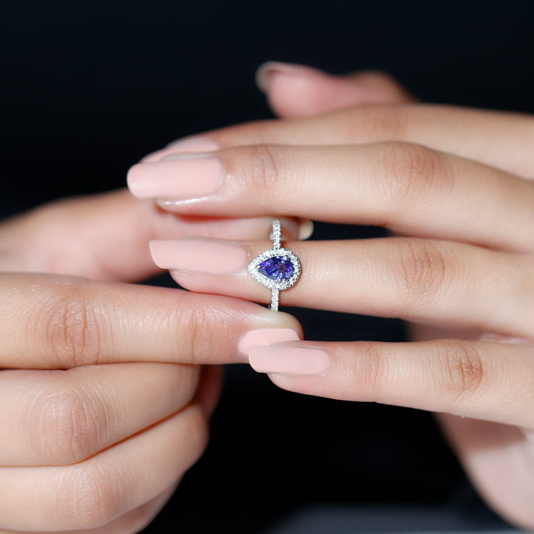 Pear Shape Tanzanite Teardrop Ring with Diamond Halo for Women AAA Grade 18K White Gold US 9.00