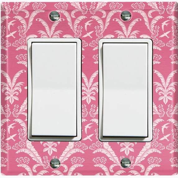 Metal Light Switch Plate Outlet Cover (Victorian Damask Flower Feather Red Pattern - Double Rocker)