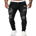 thumbnail image 1 of Men Ripped Holes Distressed Jeans Washed Zipper Tapered Leg Trousers, 1 of 5