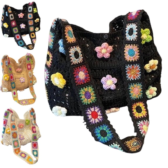 Women's Boho Embroidery Crossbody Bag, Crochet Tote Bag, Hollow Knit Floral Crochet Purse, Bohemian Ethnic Style Handmade Shoulder Tote Bag for Summer Casual Daily Accessories,White,Black