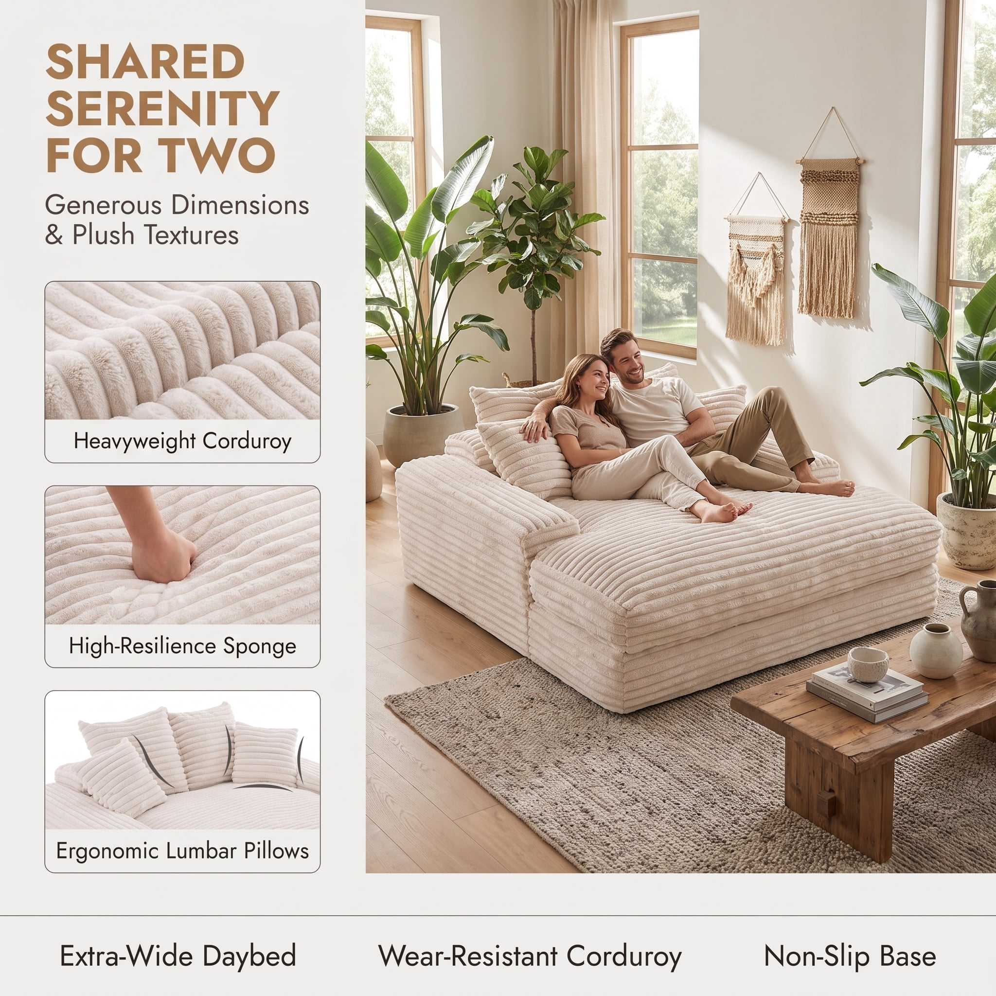 Modern Corduroy Oversized Chaise Lounge Chair, 66"Double Daybed Sofa Sleeper with 4 Pillows, No Assembly Cloud Couch for Living Room, Beige