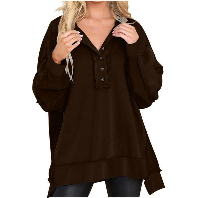 Besolor Sweat-Shirt Décontracté à Manches Longues pour Femmes, Boutonné, Ample, Tunique, Tenues d'Automne