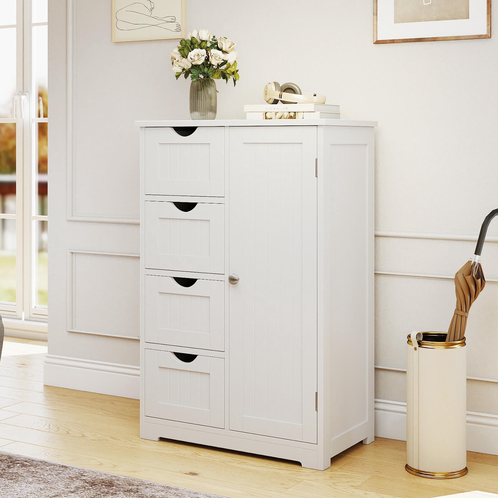 Costway Wooden 4 Drawer Bathroom Cabinet Storage Cupboard 2 Shelves Free Standing White