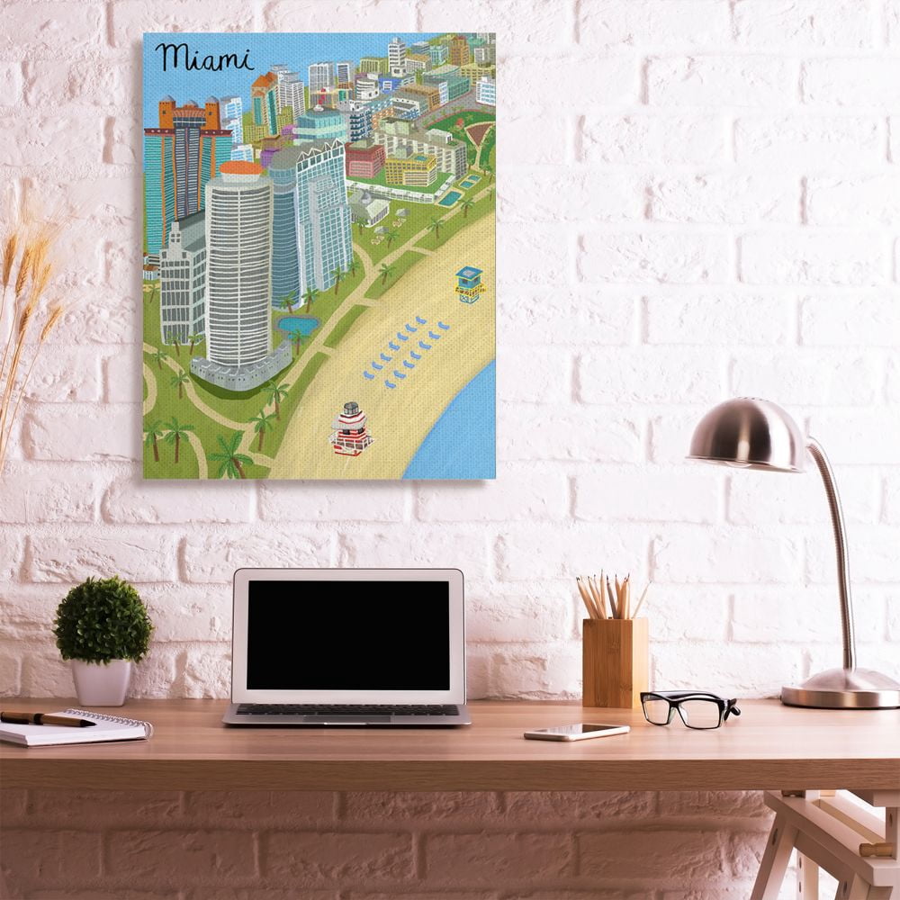 Stupell Industries Colorful Miami City Beach Landmarks Florida Architecture Canvas Wall Art Design by Carla Daly, 36" x 48"