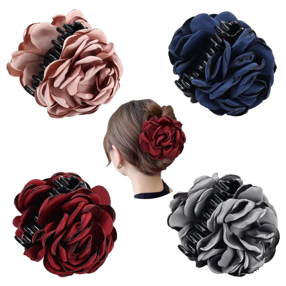 4 Pack Big Large Satin Rose Floral Flower Plastic Hair Claws Clips Bow Barrettes Clamps Bun Chignon Updo Holders Hair Accessories for Women Girls