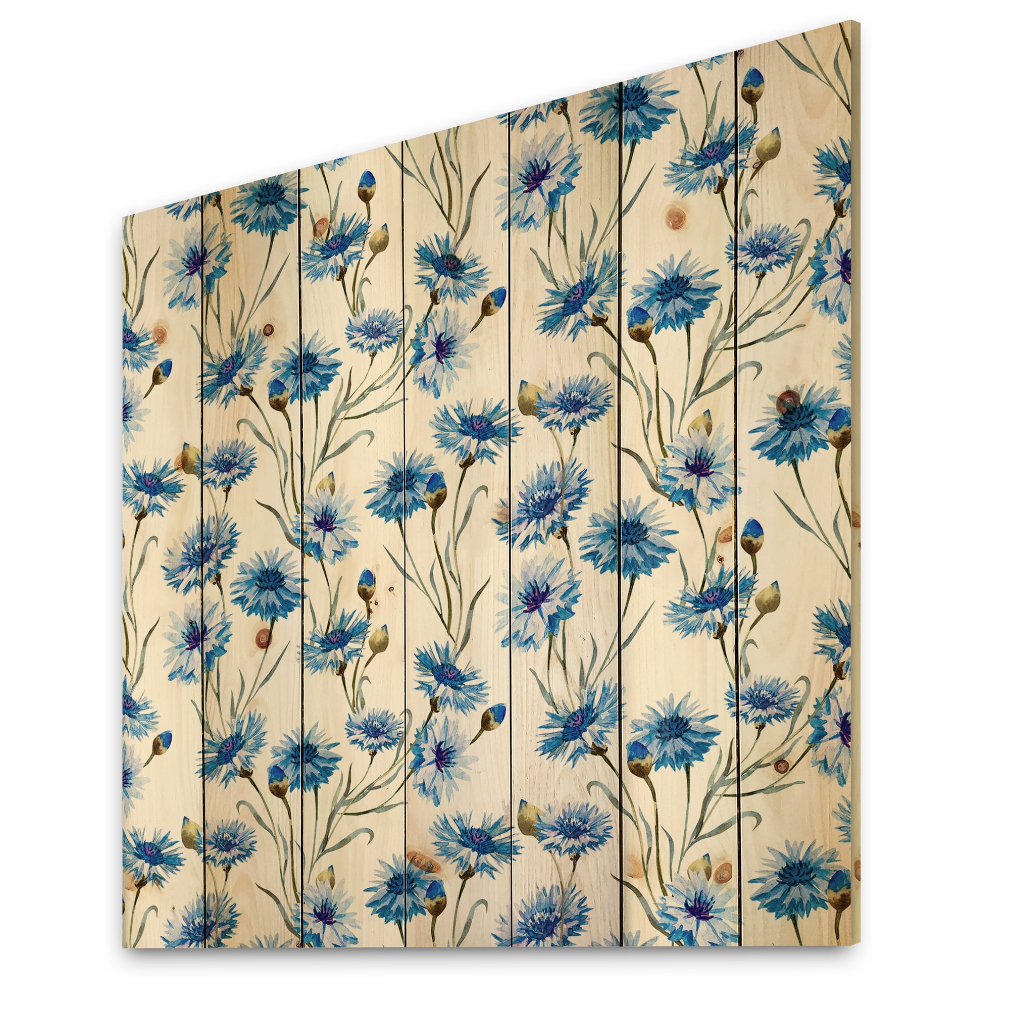 Designart 'Blue Cornflowers With Green Leaves On White II' Traditional Print on Natural Pine Wood