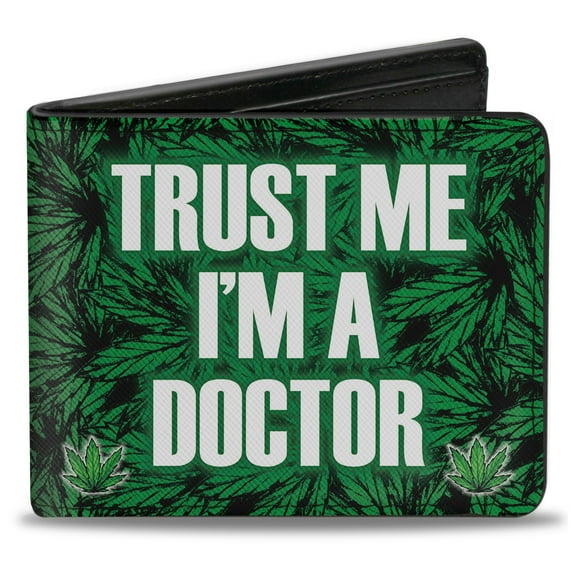 Buckle-Down Wallet, Bifold, Marijauna Leaves Stacked Trust Me Im A Doctor Black Green, Vegan Leather