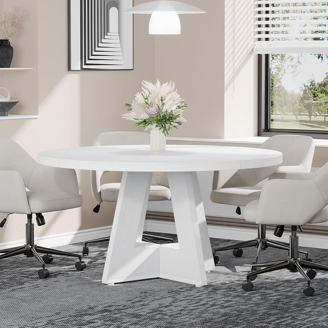 Tribesigns 47-Inch Round Conference Table for 4-6, Wooden Meeting Table with Thick Top & Wood Base, Modern Training Desk for Conference Room (White)