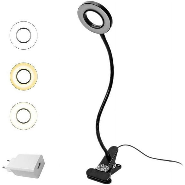 Lámpara de escritorio con clip 7W LED Escritorio Cama Lectura Clip Luz con adaptador Ajuste de brillo Cuidado de los ojos para la oficina y el hogar 360 ° Flexible Negro Zhivalor XZB-0151