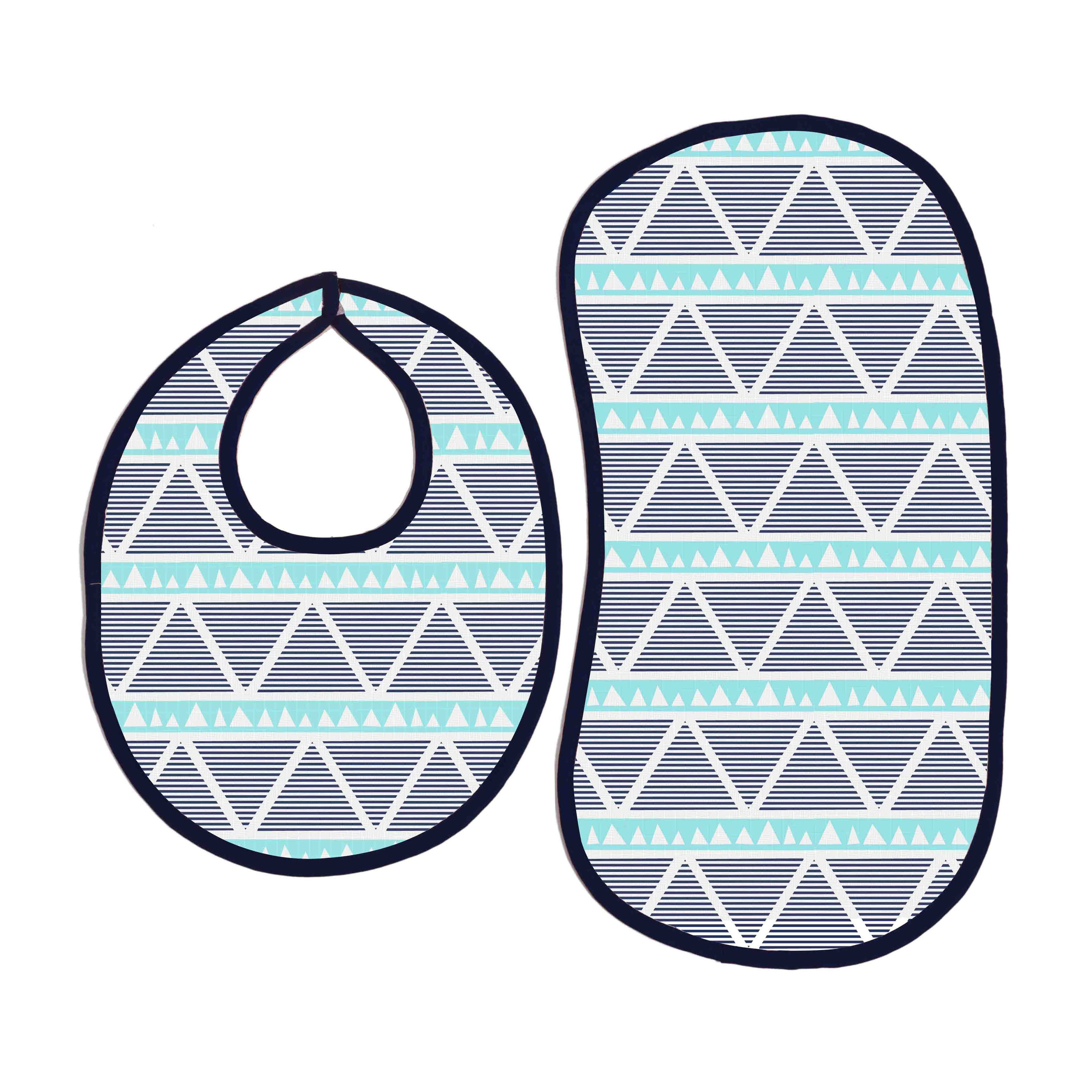 Bacati - Muslin 4 pack Bibs/Burp Cloths Aztec Liam Triangles Aqua Navy