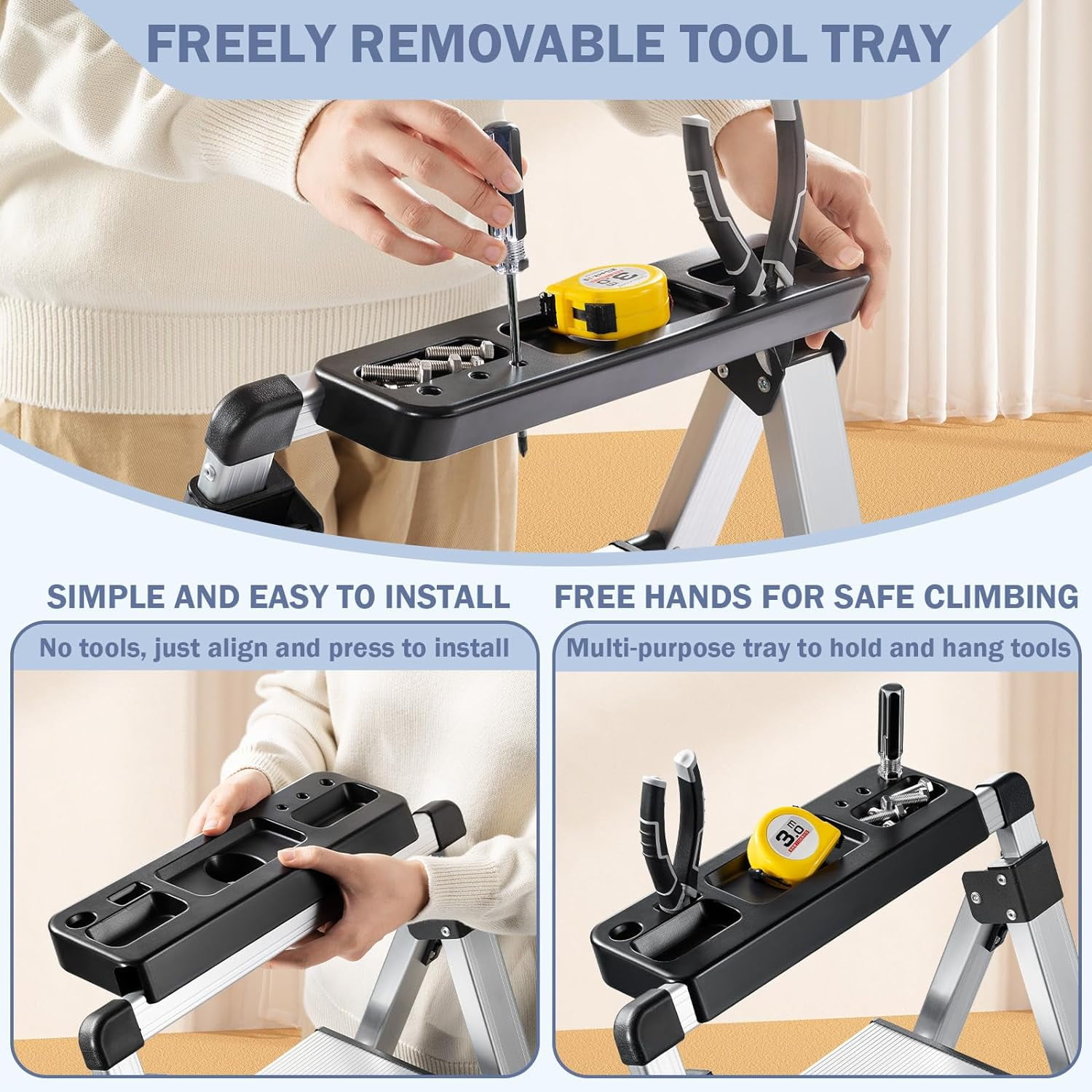 Aluminum 3 Step Ladder - Retractable Handgrip Folding Step Stool, 330 lbs Capacity, Wide Anti-Slip Pedals, Safety Household Ladder for Home, Kitchen, Closet