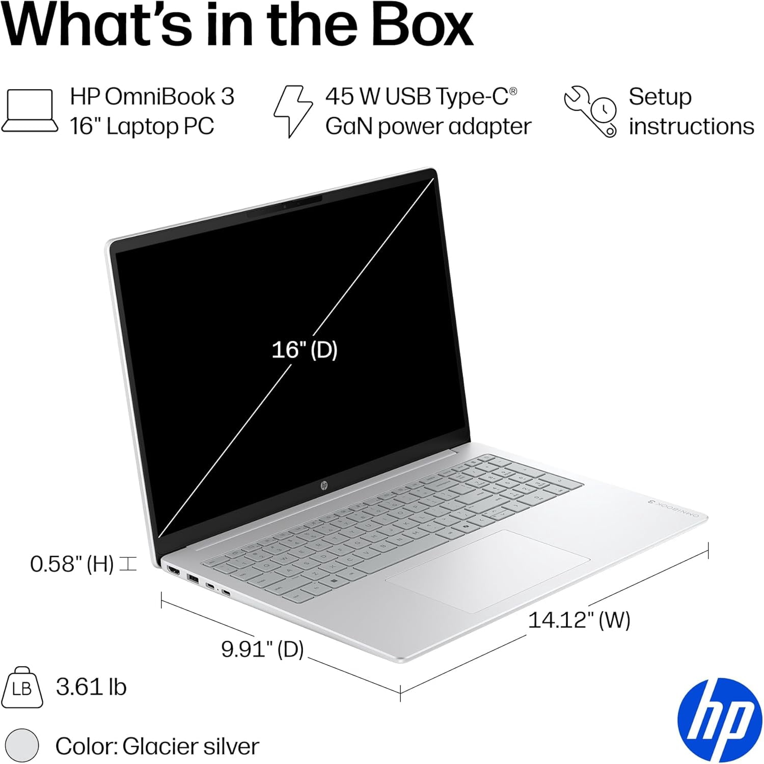 HP OmniBook 3 16" 2K Touchscreen Laptop, AMD Ryzen 5 40, Copilot AI, 8GB DDR5 RAM, 256GB SSD, AMD Radeon 610M, Windows 11 Home, Glacier Silver,