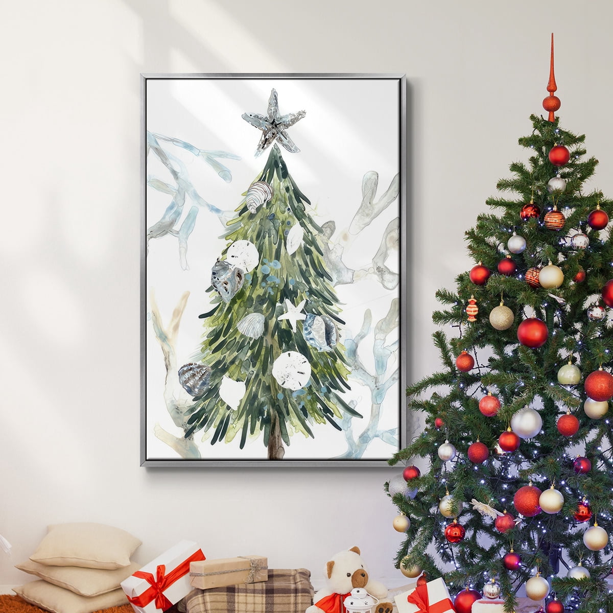 Coastal Christmas Shell Collection B - Framed Gallery Wrapped Holiday Canvas - 17 x 25 - Silver Frame