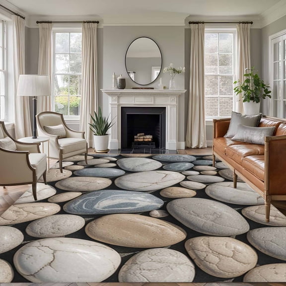 Area Rug for Living Room, Pebble Stone Non-Slip Indoor Large Carpet for Bedroom/Dining Room, Modern Minimalist Nature Art Aesthetics Washable Low-Profile Rectangle Floor Runner Rugs - 5 x 7 Ft