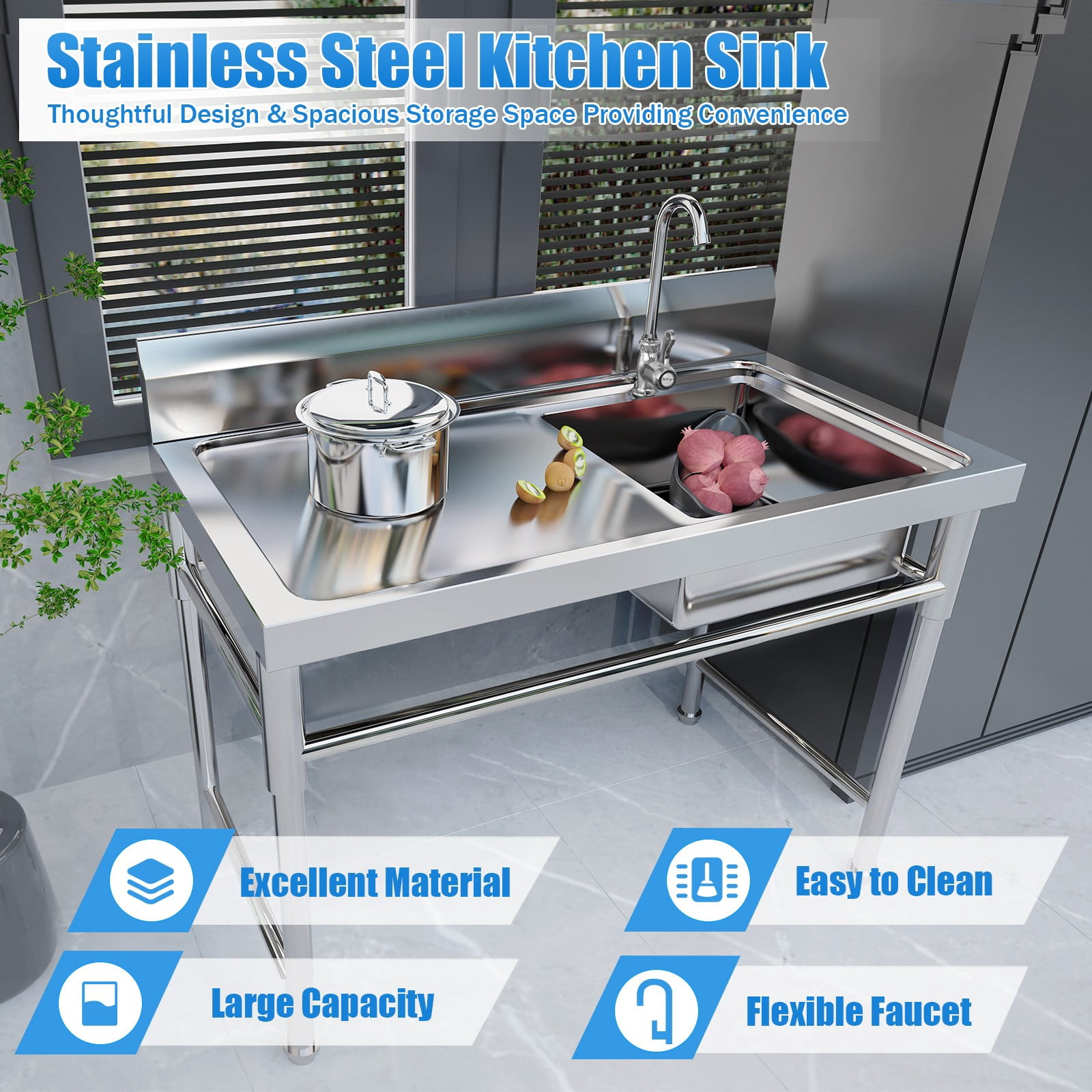 DUYIWAA 47'' Stainless Steel Utility Sink 1 Compartment Commercial Square Kitchen Sink for Restaurant Home