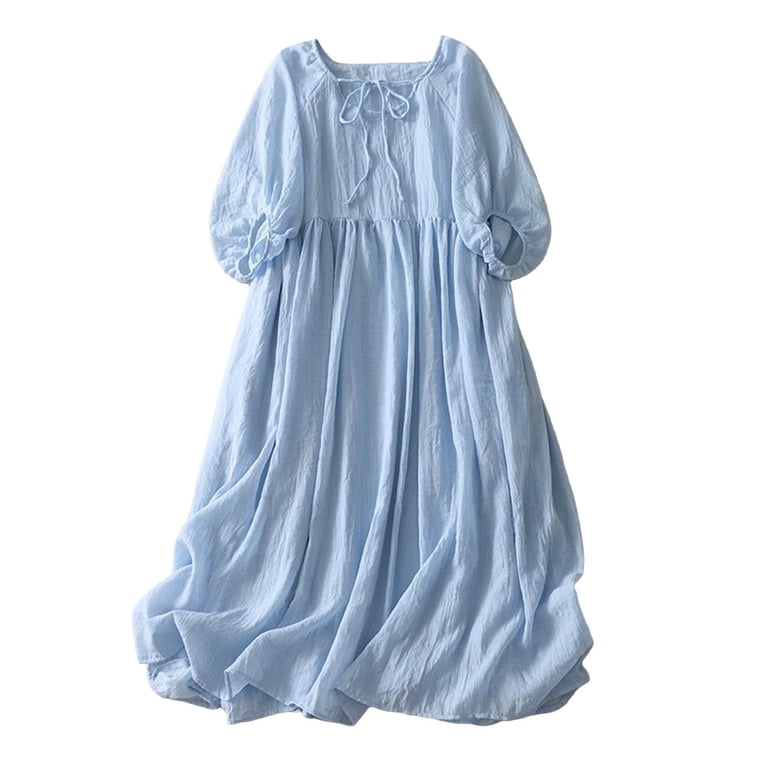Qulqfy Puff 3/4 Sleeve Womens Dress Casual Blue Mini High Waist Tie Neck Babydoll  Dresses Winter Dresses for Women 2025 L