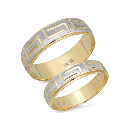 - His and Hers 14K Solid White and Yellow Gold Matching Greek Key Design Wedding Band Ring Set