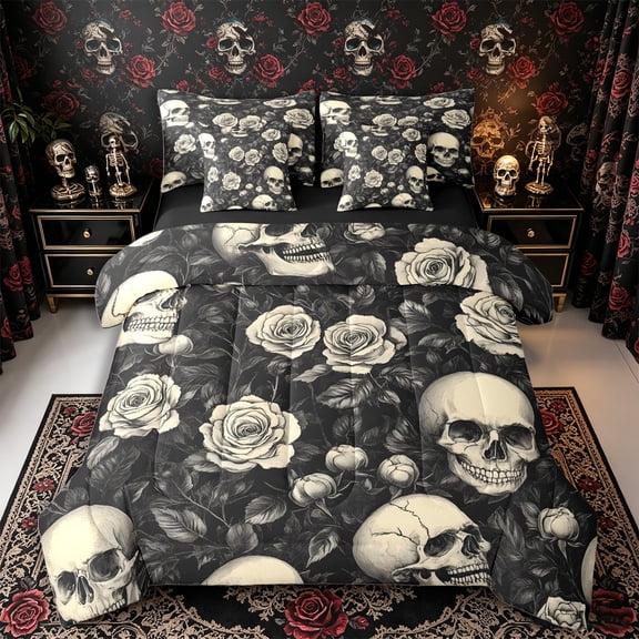 Manfei Vintage Rose Skull Queen Bedding 7pcs, Halloween Gothic Flower Bedding Comforter Set Queen, Black Ivory Cream,Black Reversible