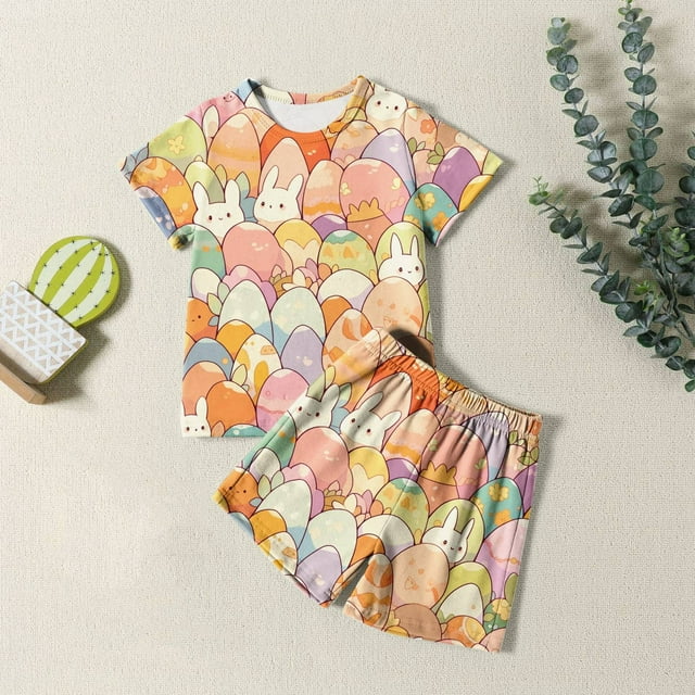 Ensemble de Pyjamas de Pâques pour Enfants Mignon Lapin de Pâques Col Rond T-Shirt à Manches Courtes et Shorts Ensemble Pyjamas d'Été pour Tout-Petits