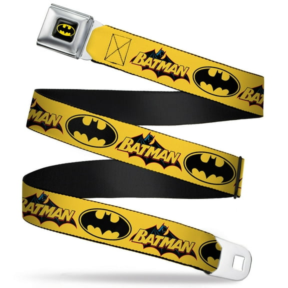DC Comics Belt, Seatbelt Buckle Belt, Vintage Batman Logo Bat Signal Yellow, 30 to 44 Inches