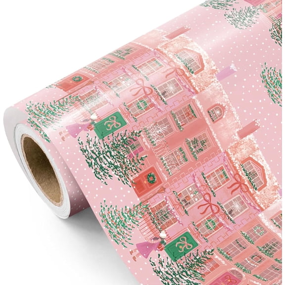 Gift Wrapping Paper Roll 58" x 23", Pink Christmas Village Festive Town Decorative Printed Gift Wrap, Easy Cut & Fold, Durable Paper for Birthday, Holiday, Party and DIY Crafts,1 Roll