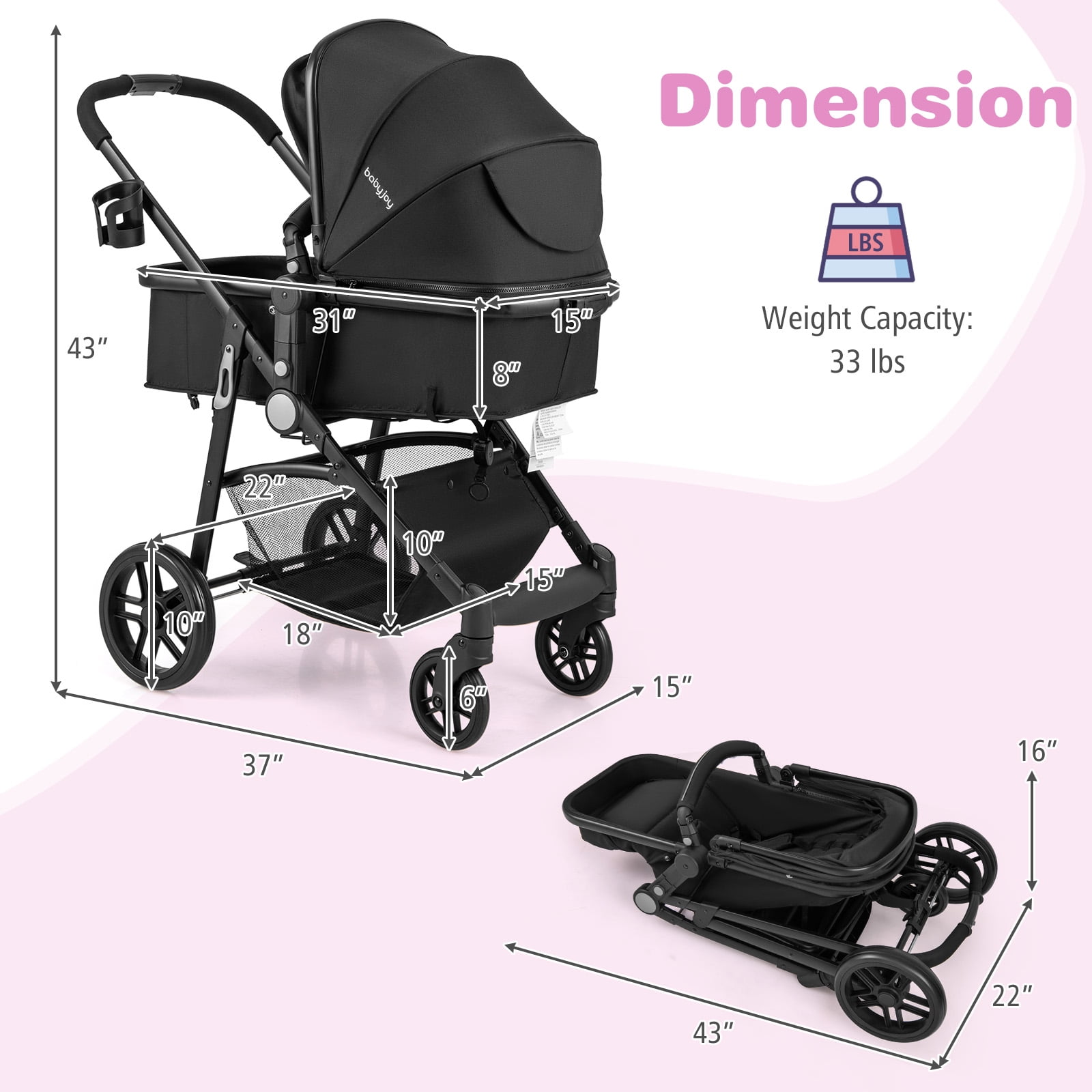Babyjoy 2 in 1 Foldable Baby Stroller Kids Travel Newborn Infant Buggy Pushchair 22 lbs Black Shop Black Friday Deals for 2024 Walmart