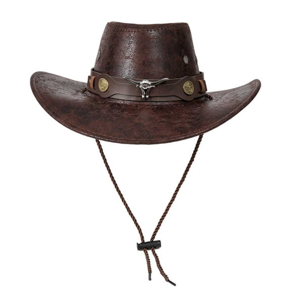 VONCOS Coffee Faux Faux Leather Cowboy Hat Distressed Western for Men Women with Skull Concho Band and Chin Strap,Size M